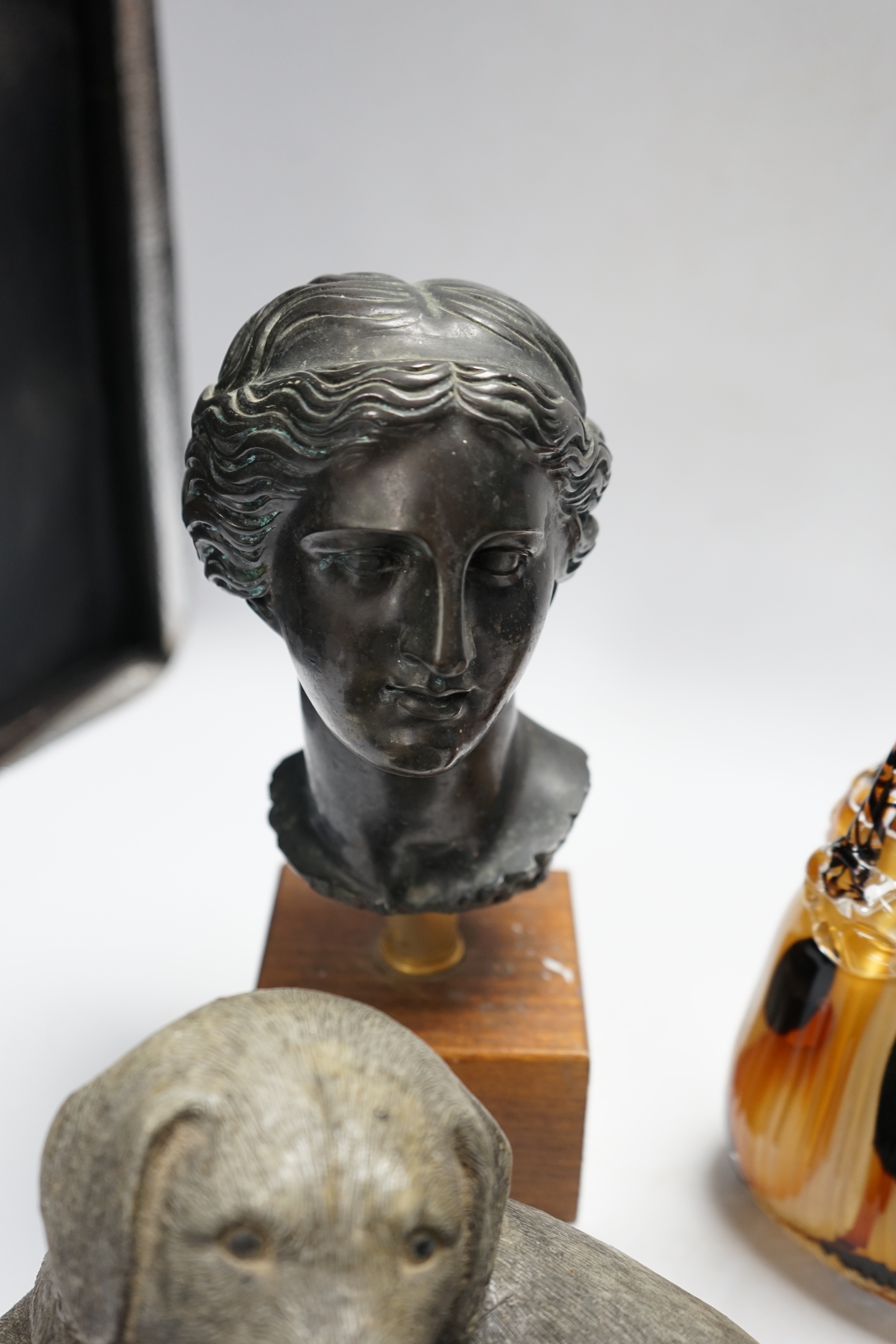 An early 20th century Italian signed bust of a lady, a studio glass basket, model of a dog and a cribbage set (4)